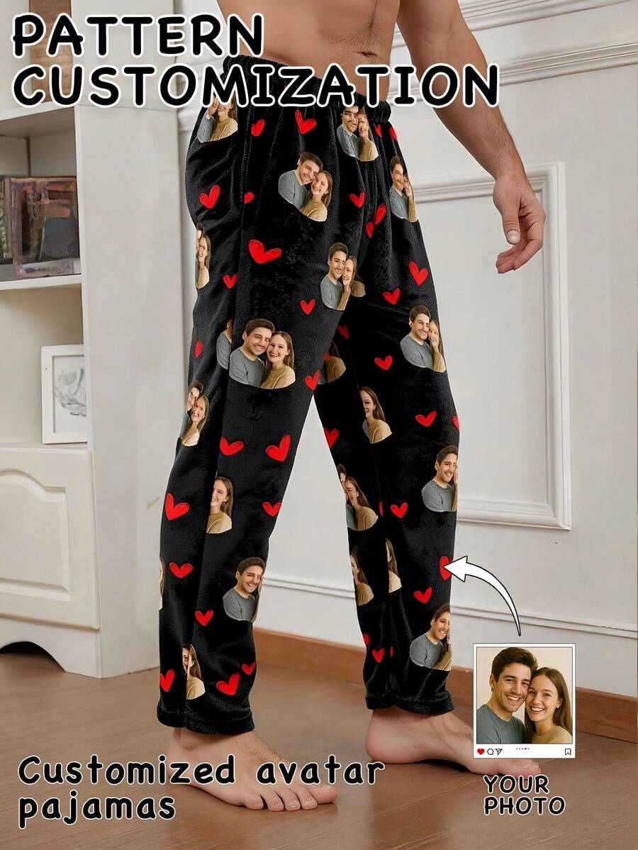 1 PC Custom Men's Fleece Pajama Pants - Personalized Couple Photo With Red Heart Design, Ideal Personalized Gifts, Customizable Things, Christmas Pajamas Pants, Versatile Thoughtfully Picked Present For Your Boyfriend