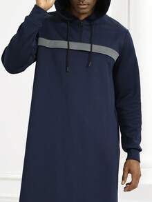 Muslim Men's Hooded Sweatshirt Robe Blue And Gray Chest Zipper Pockets Slits On Both Sides - Navy Blue - View 4