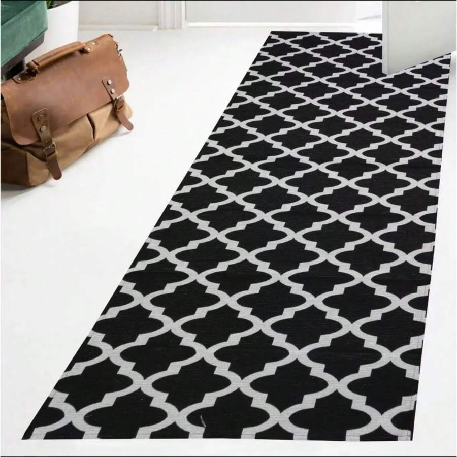 Rubberized Jacquard Runner Rug 2.00x0.65 Geometric For Bedroom, Living Room, Office Or Kitchen, Non-Slip Promotion - Blanco y Negro - Ver 1