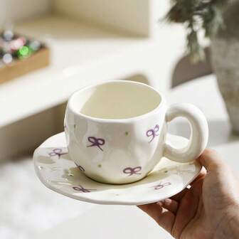1set Ins Style Embossed Hand-Painted Bowknot Ceramic Coffee Cup & Saucer Set, Breakfast Milk Oatmeal Cup, Bread Plate, Home Afternoon Tea Latte Art Cup, Juice Beverage Cup, Dessert Plate, Office Water Cup, Holiday Gift Mug