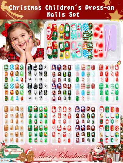 8pcs Christmas Kids Nail Salon Set, Cartoon Santa Claus, Star, Reindeer Colorful Nail Art Design Stickers & Tools, Suitable For Christmas Holiday Celebration, Girls DIY Nail Art Accessories And Gifts