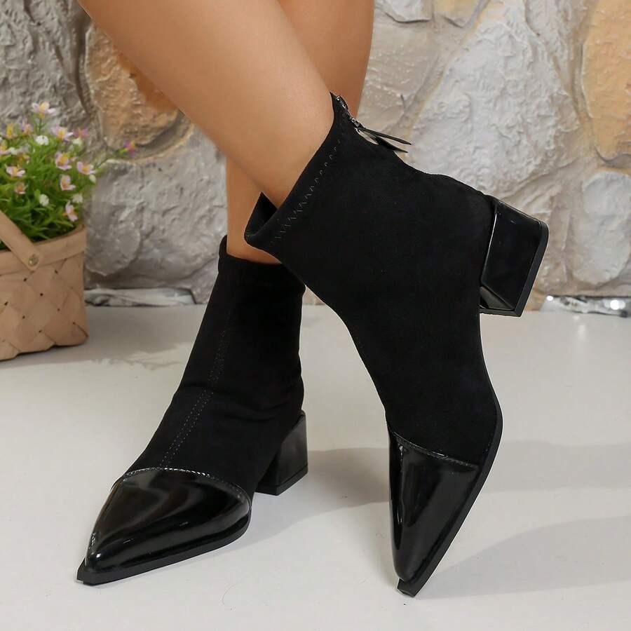 Botas elásticas novas para outono/inverno para mulheres, botas envernizado com patchwork, bico fino e salto grosso, botas de cano curto com zíper traseiro para uso diário para mulheres - Preto - Ver 1
