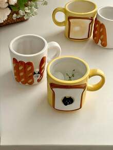 1pc Korean Ins Style Ceramic Mug, Cute Baguette Toast Cat Cup, Couple Breakfast Cup, Water/Milk/Coffee Cup