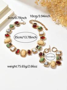 1 Set Of 2pcs Vintage Exaggerated Fashion Asymmetrical Faux Gemstone Necklace & Bracelet Set, Baroque Style French Luxury Geometric Golden Jewelry Set For Women, Suitable For Daily, Party, Event Wear (Stone Color & Position Random) - Gold - View 5