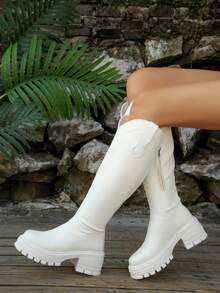 Cizme de damă peste genunchi cu talpă groasă și toc gros, stil western nou, fermoar lateral, cizme de călărie la modă pentru sărbători