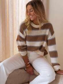 Áo len dài tay cổ tròn kẻ sọc phối màu, thích hợp cho kỳ nghỉ thu đông. - màu nâu - Xem 3