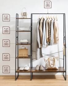 VASAGLE Giá treo quần áo, Giá treo quần áo có kệ để giày, Giá để đồ 5 tầng, 6 móc treo bên hông, Dùng cho phòng ngủ, phòng khách, Màu nâu mộc mạc và đen Giá treo áo khoác Back To School - màu nâu - Xem 6