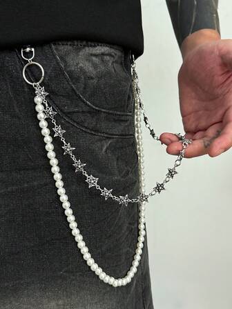 1 件时尚朋克简约星星仿珍珠裤链，多层魅力身体链，用于裤子装饰