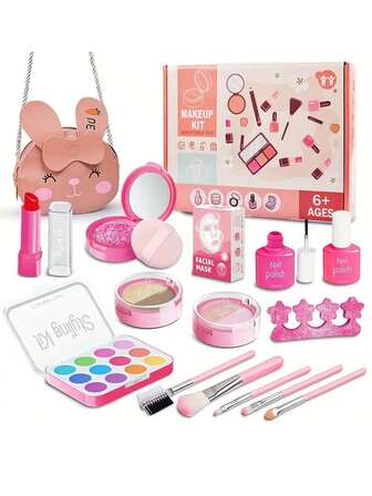Barnleksaker med låtsaslek, sminkset, sminkväska, tillbehör till sminkbord, leksaker för flickor
