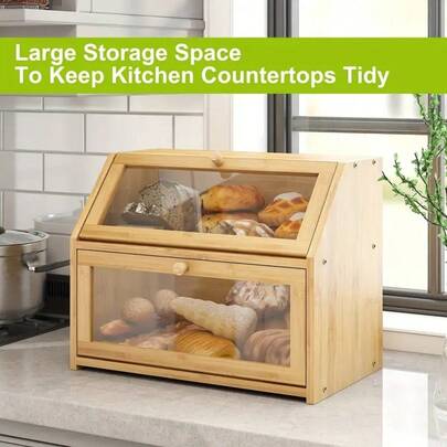 Caja de pan de bambú doble de gran tamaño con tabla de cortar y clips de pan, contenedor de almacenamiento de cocina con ventana transparente para mostrador, para congelador, material de bambú duradero