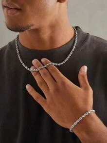 2pcs/Set Stainless Steel Bracelet And Necklace Set, Minimalist Street Style Accessories For Men