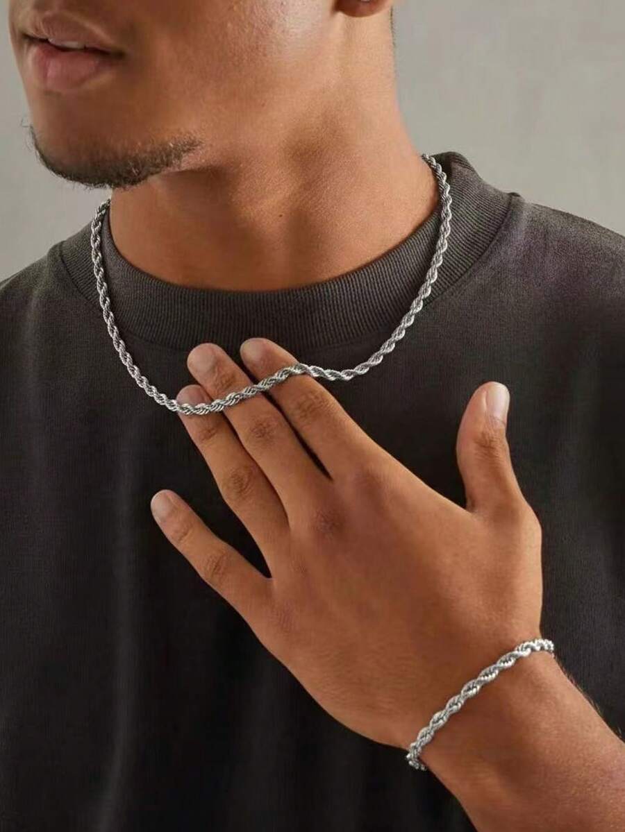 2pcs/Set Stainless Steel Bracelet And Necklace Set, Minimalist Street Style Accessories For Men