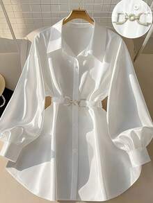 Elegant White Collared Long Sleeve Shirt For Women, Made Of Slightly Stretchy Polyester With A Belted Design And Asymmetrical Long Length