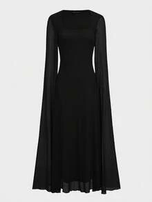 优雅时尚披肩袖宫廷风修身连衣裙，适合毕业典礼、婚礼等场合，高端优雅长袖披肩性感修身优雅长袖连衣裙，黑色连衣裙，春季款 - 黑色 - 查看 2