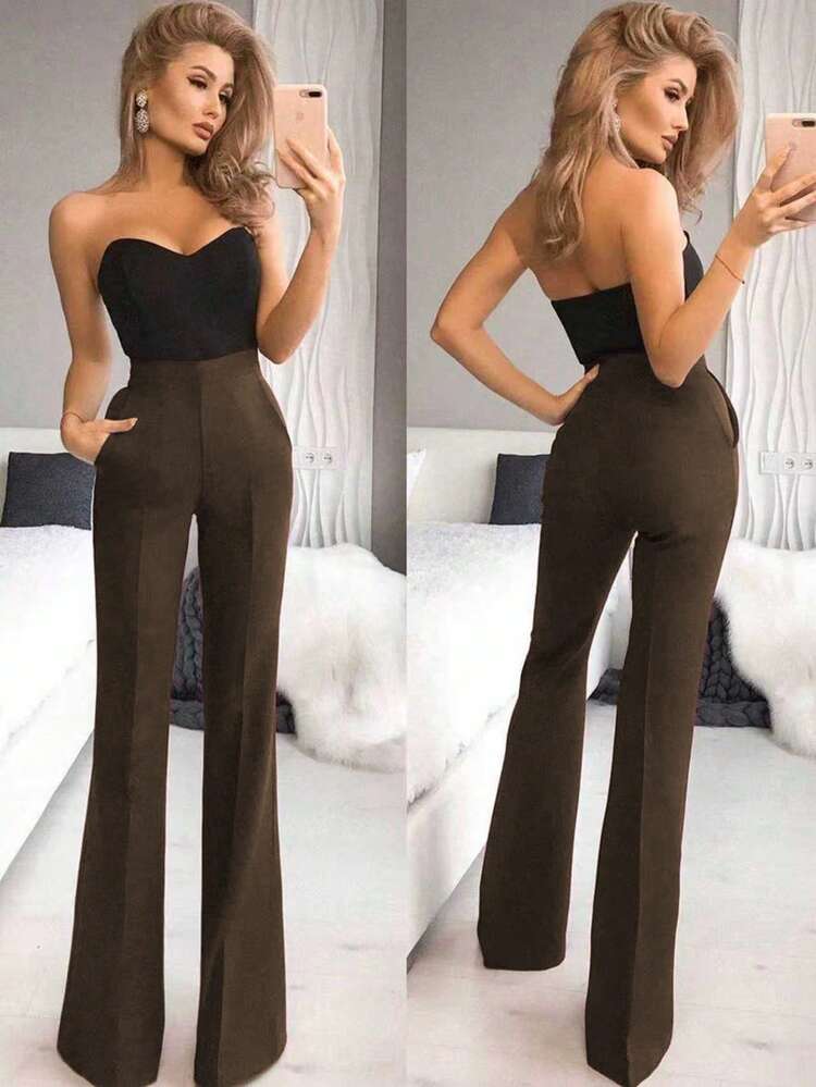 Pantalones acampanados de talle alto en color borgoña, elegantes y versátiles para el uso diario en primavera - Marrón - Añade 3