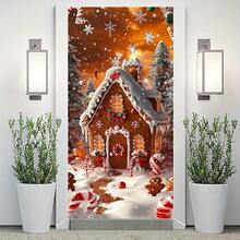 1pc 2D Doorway Flag, Holiday Gingerbread House Door Cover, Polyester Fiber Entrance Decor With Candy Cane And Gingerbread Man Pattern, Suitable For Christmas, Thanksgiving, New Year, Winter
