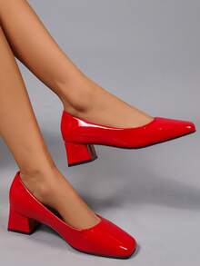 Geeyea A Pair Of Women's High Heels, Thick Heel Design, Bright Red Color, Suitable For Christmas And Halloween Wear, Thick Heel High Heels, Elegant Women, Uniform Commuting Wear, Unique Style - Đỏ - Xem 4