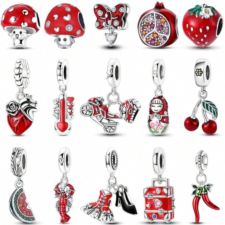 1 Pc Sliver Color Classic Red Collection Mushroom Pomegranate Cherry Strawberry Watermelon Chili Motorcycle Dress Luggage Temperature Gauge Charm Fit Original Bracelet Necklace Pendant Beads For Diy Jewelry Making Women Girl Birthday Jewelry Gift For Friends