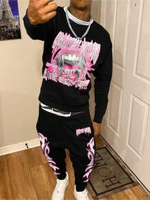 2-Piece 250g Essentials Crewneck Sweatshirt,Graphic Crewneck Sweatshirt,Streetwear,Y2k,Clothes For Men,Crewneck Sweatshirt For Men,Long Sleeve Tops,Fall Clothes For Men,Funny Crewneck Sweatshirt,Men'S Casual Graphic Sweatshirt & Jogger Set - Pink & Black Print Design, Loose Fit, Long Sleeve Pullover With Drawstring Waist, Perfect For Fall/Winter, Comfortable Clothing|Casual Style|Stretchy Fabric - màu đen - Xem 1