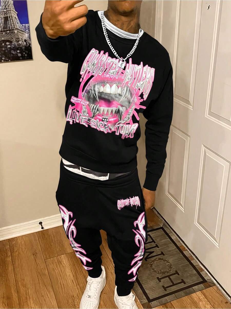 2-Piece 250g Essentials Crewneck Sweatshirt,Graphic Crewneck Sweatshirt,Streetwear,Y2k,Clothes For Men,Crewneck Sweatshirt For Men,Long Sleeve Tops,Fall Clothes For Men,Funny Crewneck Sweatshirt,Men'S Casual Graphic Sweatshirt & Jogger Set - Pink & Black Print Design, Loose Fit, Long Sleeve Pullover With Drawstring Waist, Perfect For Fall/Winter, Comfortable Clothing|Casual Style|Stretchy Fabric - màu đen - Xem 1