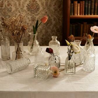 18pcs Transparent Mini Vintage Striped Glass Bud Vases - Wedding Table Centerpieces, Suitable For Birthday, Anniversary, Party And Home Decor Fresh Flower Vases