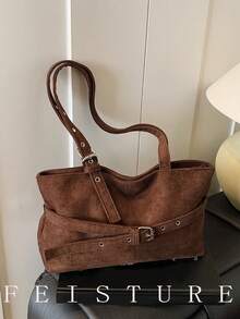 1pc FEISTURE Faux Suede Large Capacity Belt Buckle Shoulder Bag, Fashion Tote Bag, Zipper Closure, Suitable For Daily Outing, Dating, Commuting