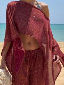 Women Y2K Crochet Knit Poncho Sheer Cover Up Shawl Flowy Lightweight Shrug Loose Fit Hollow Out Sweater Top - 紅色 - 查看 2