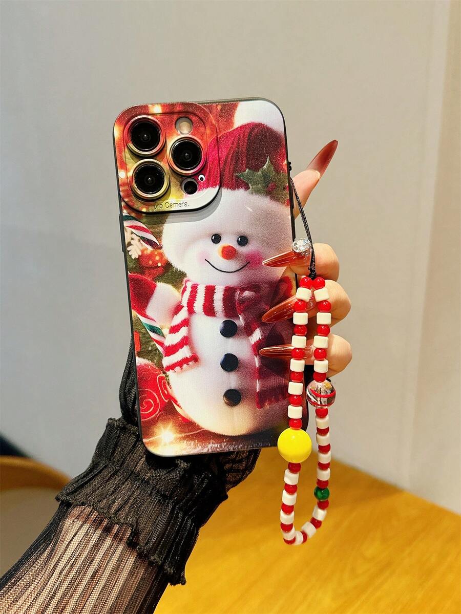 Christmas Cute Snowman Pattern Anti-Drop Full Coverage Phone Case With Beaded Lanyard, Suitable For Phone Case 17 Pro Max, 16Pro, 15/14/13, 12, 11 Pro Max, XS Max, X, XR, 8, 7, Plus, Suitable As Birthday Gift For Girlfriend/Boyfriend Or Personal Use