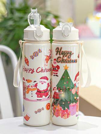1 件 750ml/26oz 圣诞主题白色背景玻璃杯（带吸管）