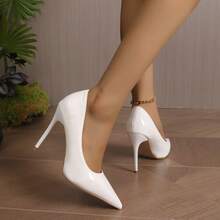 10厘米尖头细高跟鞋，经典简约设计，亮面处理，优雅，适合婚礼、派对、夜总会、宴会、工作，黑白 - 白色 - 查看 5