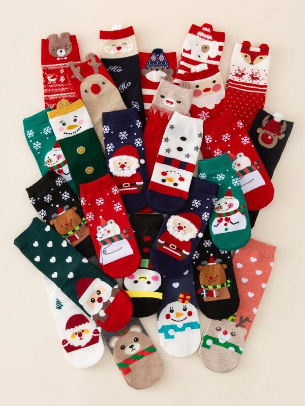 1/5/10 paia di calzini equipaggio da donna, calzini natalizi con motivi di Babbo Natale, renne, cappello di Babbo Natale, pupazzo di neve, fiocco di neve, pinguino, orso polare, caldi e accoglienti per l'inverno, casual e comodi per outfit natalizi, feste di Natale, regali e relax a casa. Assortimento casuale di colori e stili, disponibili confezioni multiple.