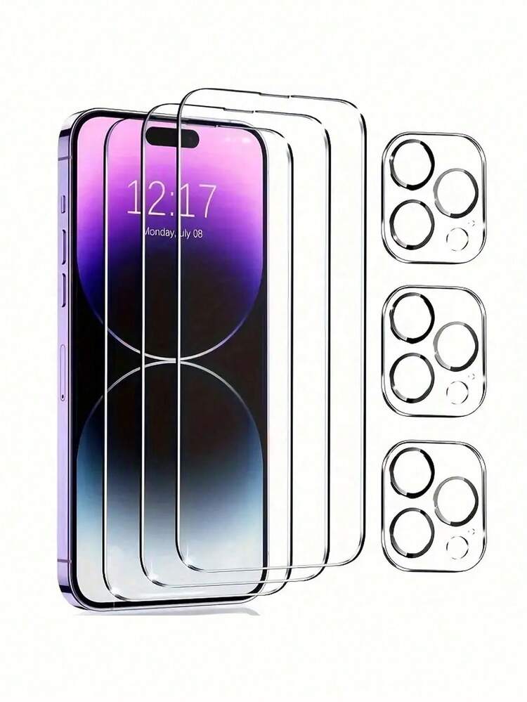 6-In-1 Screen Protector Set Compatible With IPhone 11/12/13/14 Pro Max/14 Plus/15/15 Pro/16/16 Plus/16 Pro/16 Pro Max, Includes 3 Tempered Glass Screen Protectors And 3 Camera Lens Protectors, Anti-Sweat And Anti-Oil, Transparent, Great Gift For Birthday, Family, And Friends, Mobile Phone Accessories - Clear - View 11