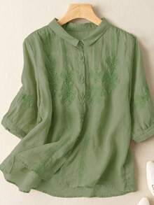 Camicia casual da donna a tinta unita con ricamo a fiocco di neve, vestibilità morbida, non elastica, adatta per l'estate