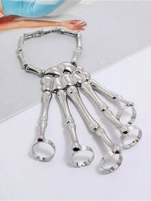 1pc Punk Rock Skeleton Bone Elastic Fingerless Bracelet, Halloween Party Jewelry - Silver - View 3