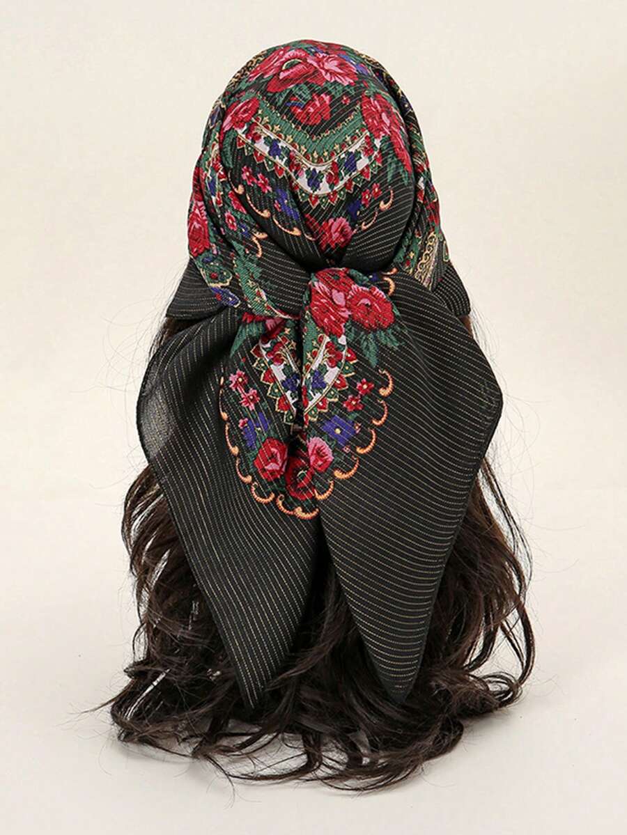 1pc Bandana With Golden Trim Floral Print Headscarf, Fashion Square Scarf For Women