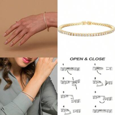 14K Gold Plated 2mm Cubic Zirconia Classic Tennis Bracelet Gold Bracelets For Women Size 6.57.5 Inch