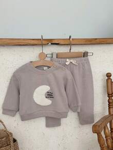 2pcs/Set Baby Boy Clothes Neutral Moon Embroidery Casual Grey Long Sleeve Sweatshirt And Pants, Spring/Autumn