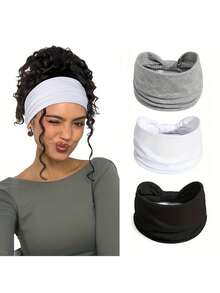 3pcs/Set Women's Boho Headband Set - Thick Elastic Non-Slip Headbands With Bow & Ring Design, White/Grey/Black, Soft Stretchy Hair Accessories Suitable For Fitness, Running, Yoga, Gym - Multi-Color Options, Long Hair Friendly (White, Grey, Black) - Ideal Choice For Women's Fitness & Casual Outfits - Secure Fit, Multipurpose Headbands For Sports & Daily Use - Suitable For Fitness & Running Headbands, Women Headbands Winter Scarf Warm Hair Bands Women Bandanas - Multicolor - View 2
