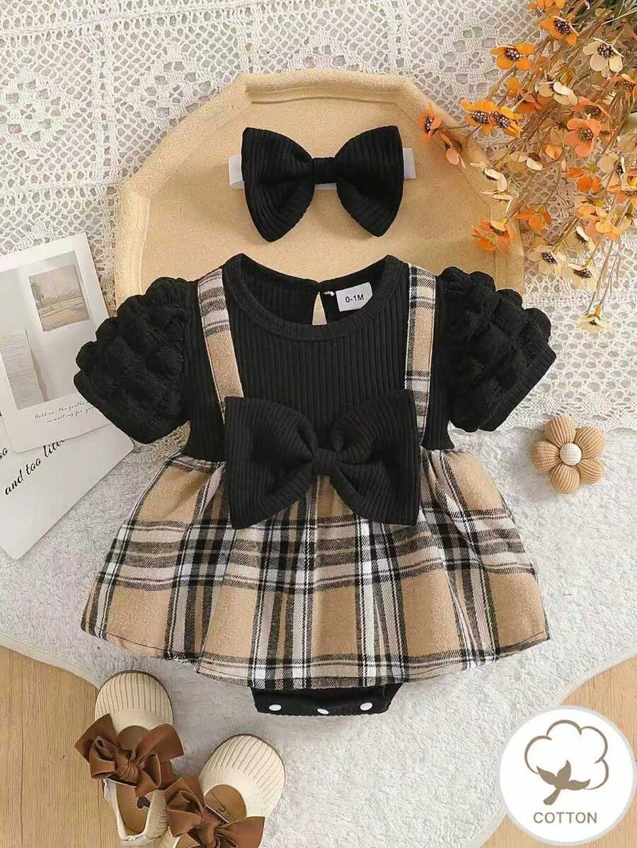 女婴时尚优雅领泡泡袖拼接二合一罗纹吊带格纹蝴蝶结连体裤带头带，夏季