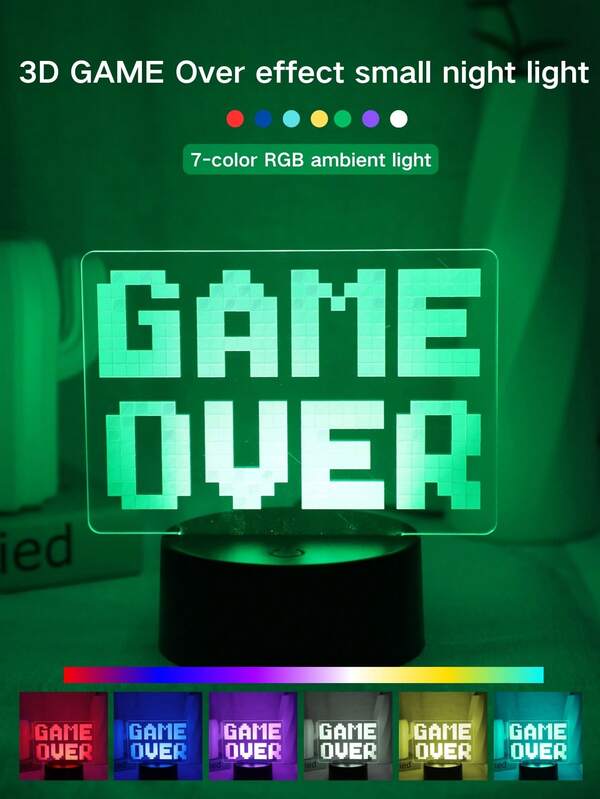 1 pièce Veilleuse 3D Game Over, Veilleuse de jeu, Lampe d'illusion 3D, 7 couleurs changeantes, Contrôle tactile, Cadeau idéal pour les joueurs, Décoration de chambre, Noël, Anniversaire