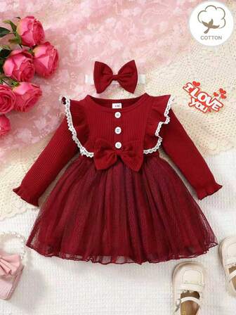 Baby Girls Spring/Autumn Mesh Contrast Ribbed Ruffle Trim Round Neck Party/Casual Dress
