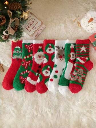 1/4/7 pares de calcetines de Navidad gruesos y cálidos de colores aleatorios, suaves y sin pelusa para mujeres, adecuados como regalos de Navidad