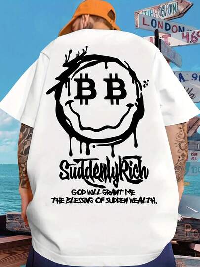 New Men's Bitcoin And Cryptocurrency Street Style T-Shirt - ₿ Symbol And ₿ Price Chart Back Print, Happy Face Dollar Bill Design, Black Crew Neck Summer T-Shirt, Suitable For Cryptocurrency Enthusiasts, Casual Wear (Hand Washable)