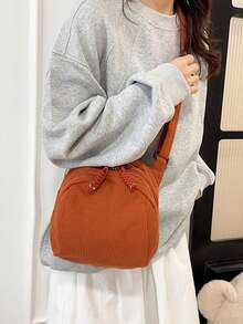Tas Bahu/Tas Selempang Mini Corduroy Multi-Saku Portabel dengan Resleting, Modis, Kasual, Serbaguna, Cocok untuk Penggunaan Sehari-hari Wanita - Jeruk - View 3