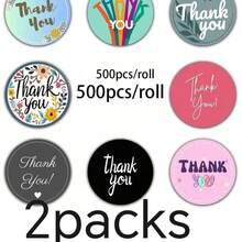 500 pegatinas/Rollo Pegatinas de rollo de garabatos de agradecimiento. 8 patrones no repetitivos, adecuados para la decoración DIY de cajas de embalaje, libros, computadoras y fundas de teléfonos móviles