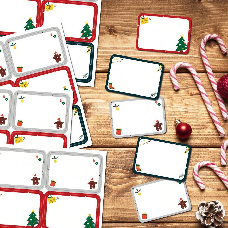 90 Stücke/15 Blatt einfache festliche Weihnachtsgeschenkanhänger Aufkleber - Feiertags-Etiketten mit Weihnachtsbaum, Strümpfen & Lebkuchenmann Designs, Papier-Tags für Weihnachtsgeschenke, Geschenkbox Dekoration - Verschiedenfarbig - Übersicht 1
