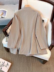 Plus Size Women Herringbone Pattern Woolen Fabric Stand Collar Single-Breasted Long Sleeve Mid-Length Blazer Jacket, Suitable For Commuting, Daily Wear, Dates, Airport In Autumn/Winter - Brown - View 5