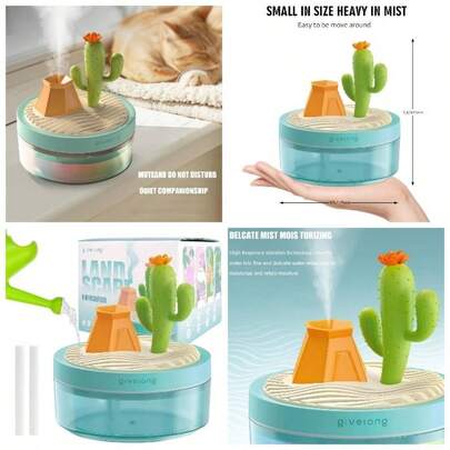 humidificadores porttiles de computadora para recmara, humidificador pequeo con paisaje de cactus, silencioso, niebla fresca, apagado automtico, luz nocturna de colores,