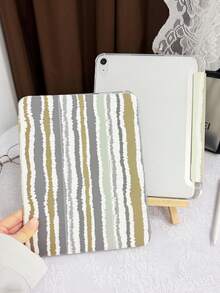 1pc Transparent Pencil Slot 3-Fold Gray Fuzzy Striped Painted Flat Protective Case, Built-In Pencil Slot, 3-Fold Stand, TPU Soft Edge Anti-Fall Wear-Resistant, Magnetic Sleep/Wake, Minimalist/Creative/Personalized/Fun/Cute/Niche IPad 3-Fold Tablet Case With Pencil Slot
