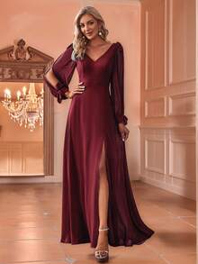 Fall Winer Split Thigh Chiffon Elegant Long Sleeve Burgundy Bridesmaid Dress For Wedding Formal Dresses - Maroon - View 6